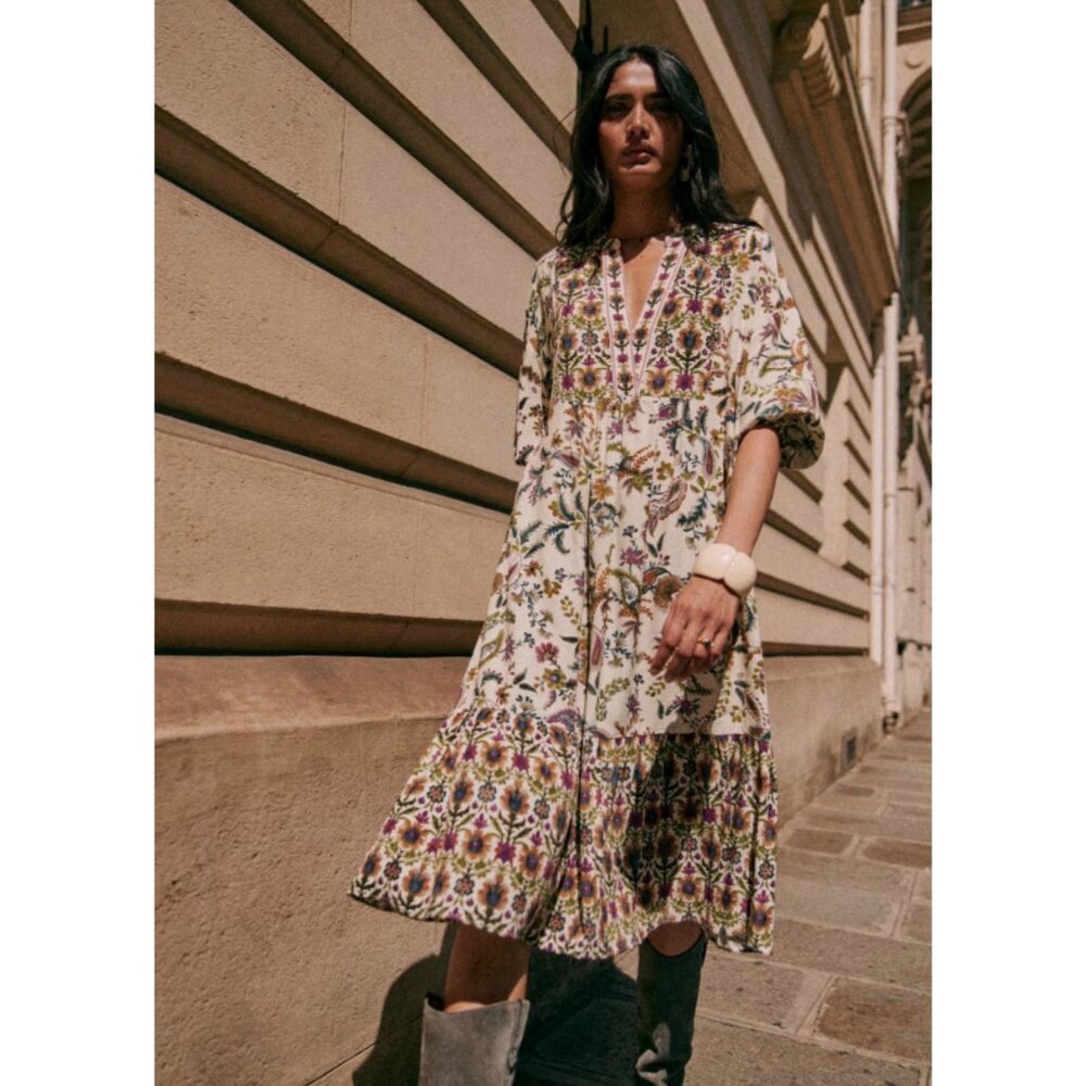 NWOT Sézane Boheme Ecru Arabesque Flower Midi Dress 100% Viscose Size 44